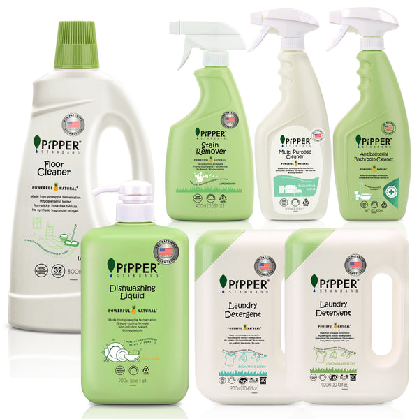 PiPPER Standard - 【全方位守護神七套裝E】|洗潔精、地板清潔劑、檸檬草香洗衣液、尤加利葉香洗衣液、抗菌浴廁清潔劑、萬用去霉去漬劑