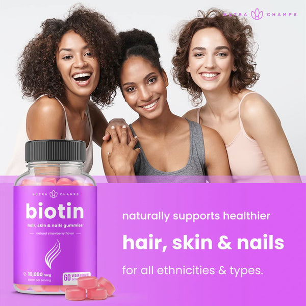 NutraChamps - Biotin Hair, Skin & Nails Gummies 頭髮、皮膚、指甲生物素軟糖 60粒｜Vegan - 平行進口 食用日期：2024年10月底